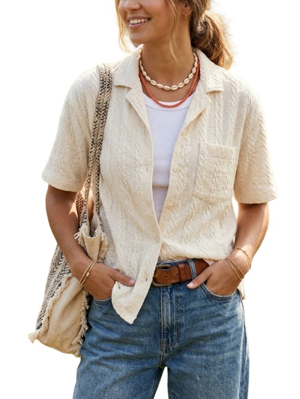 American Eagle Cable Knit Resort Shirt Cream XS Button Up